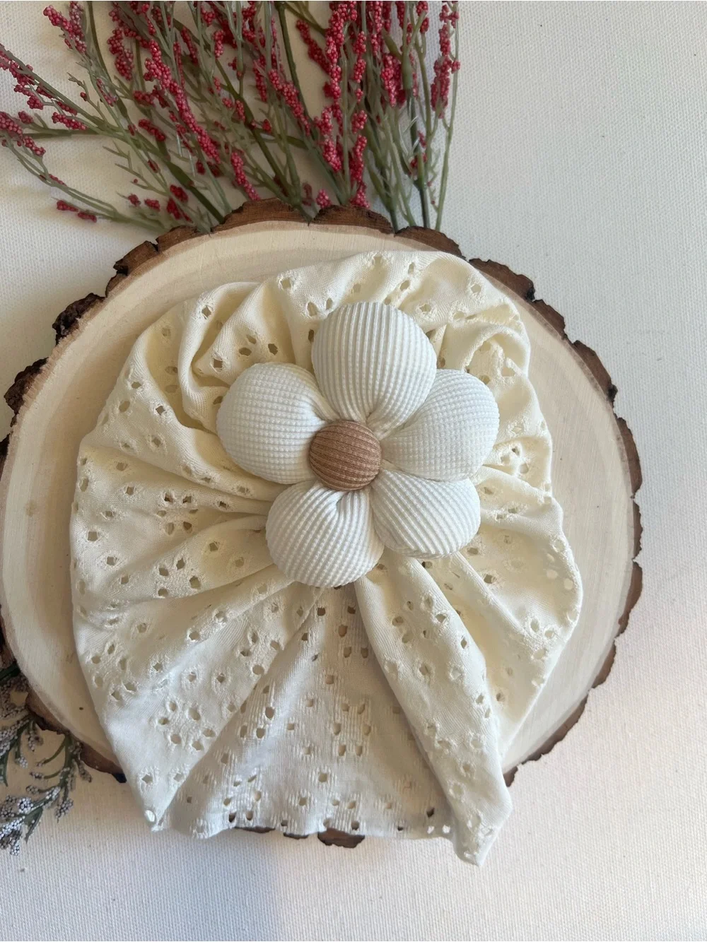 Handmade White Eyelet Lace Baby Turban Hat with Textured Flower NWT